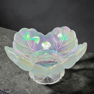 Vintage LE Smith Carnival Glass Cabbage Leaf Pedestal Candleholder Dish Bowl VTG